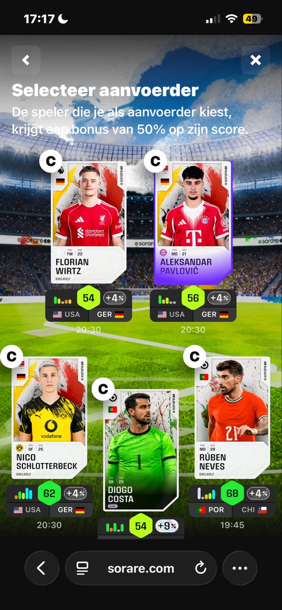 MaximGNK1's tweet photo. @QTNSorare Yeah idd. Then I can beter chose this team, should I change pavlovic for dias?

Thanks for your help mate! https://t.co/HM6b1o25ik