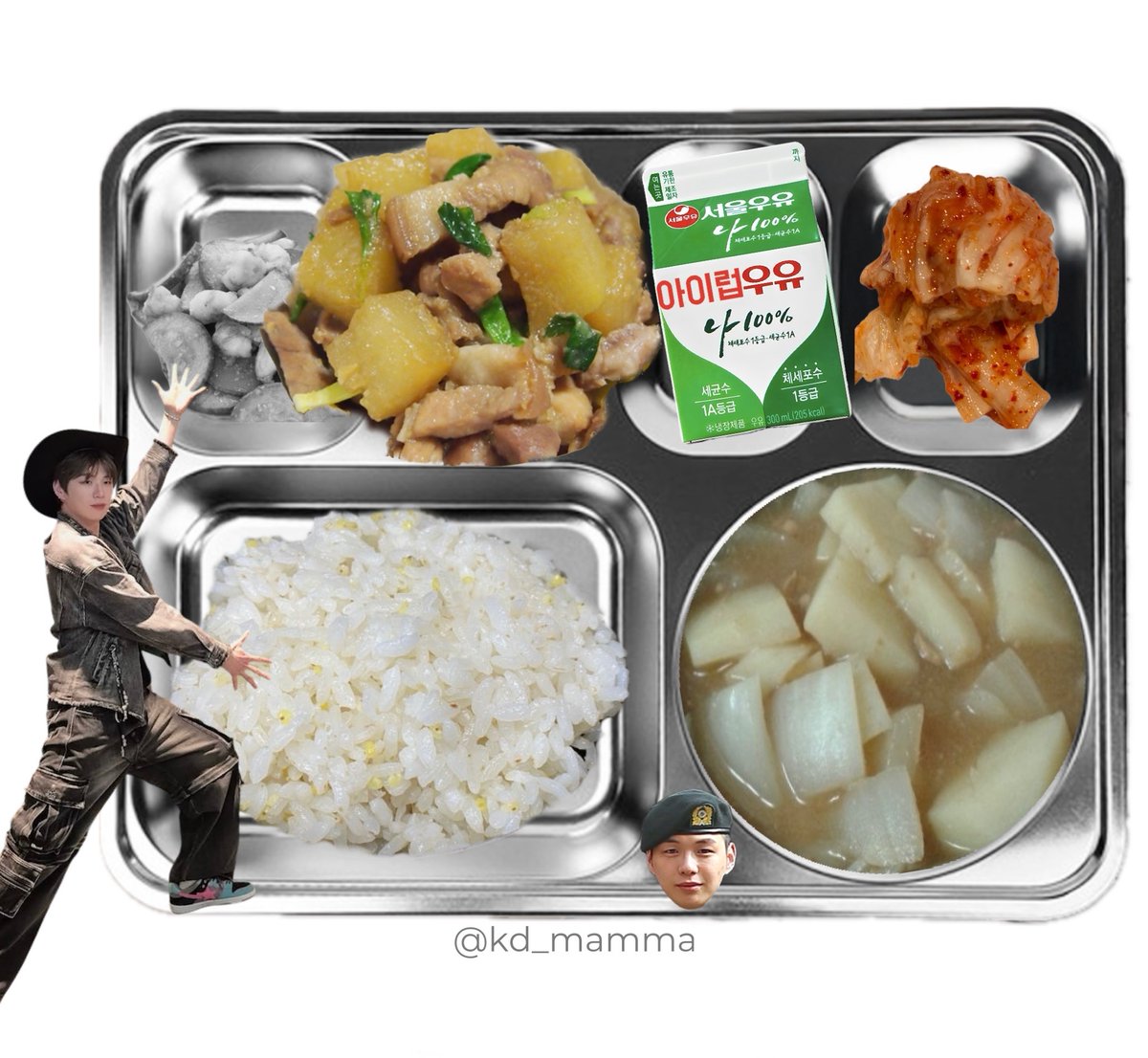 kd_mamma's tweet photo. 〔 2026년 6월 7일 석식 〕 
밥
감자양파찌개
호박새우볶음
돼지고기무볶음
백색우유
배추김치
   ᑎ__ᑎ      ᐱ__ᐱ     ᕱ__ᕱ
   (˶.•o•˶)    ( .•ω• )    ( .•⤚• )
ଘ(ა       )    (ა     ૮)｡   ( 🐽٩)੭ https://t.co/UWwpBoey0V