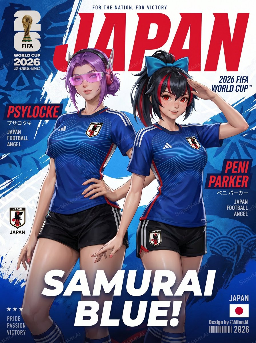 allanM_kg's tweet photo. Marvel Rivals X 2026 World Cup Concept: Team Japan 🇯🇵

Aligning with Marvel lore, characters are matched by nationality. Powered by AIGC, this fuses Adidas's 2026 kit aesthetics with the cyberpunk blade #Psylocke 🦋 &amp; the mecha prodigy #PeniParker 🤖 
#MarvelRivals https://t.co/nTCjma2Bwm