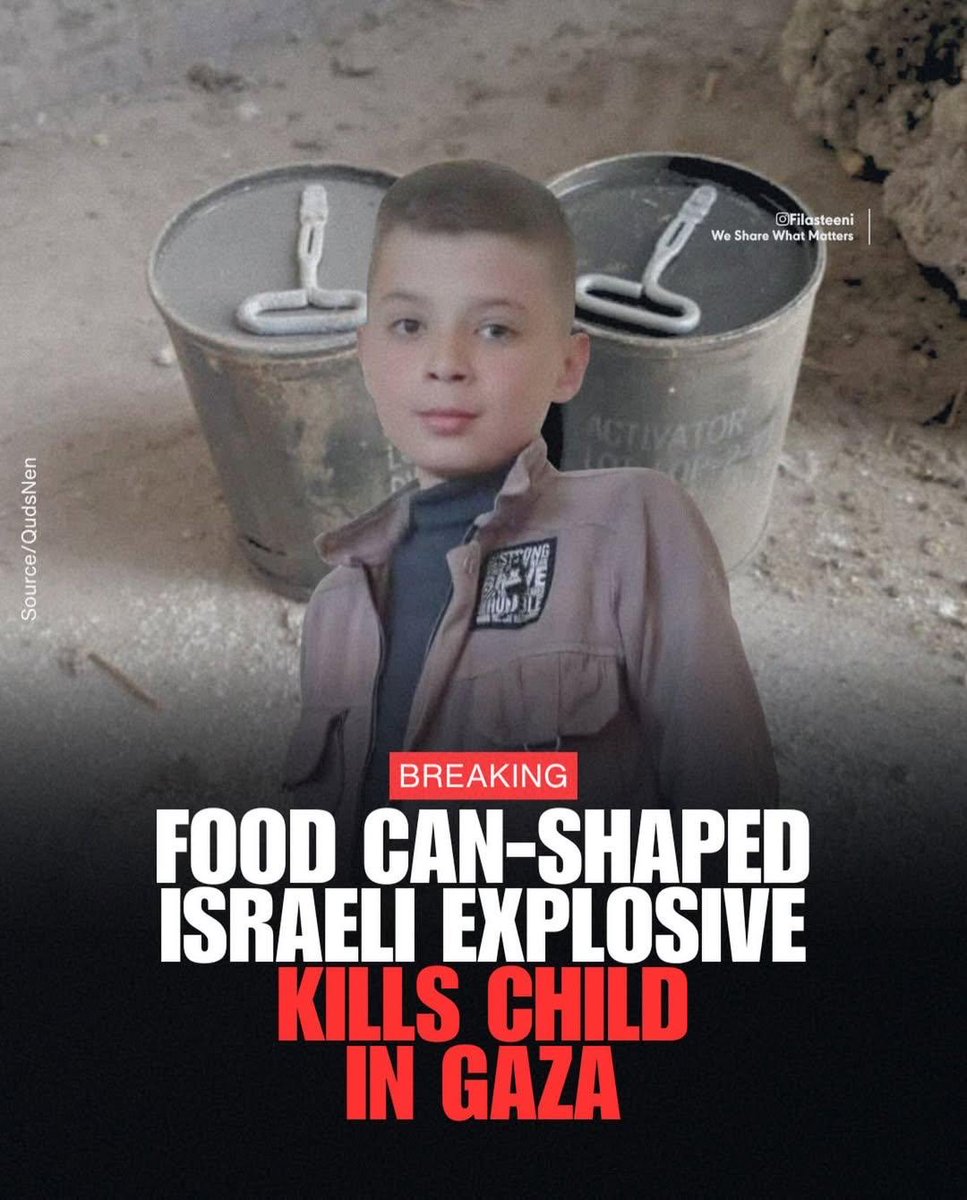 hippyygoat's tweet photo. So many ways that Israel finds to kill children…

Wadieh was killed after finding an Israeli explosive resembling a food can near his home in Gaza. 

When he opened the object, it exploded. https://t.co/YQDLavi5y1