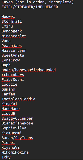 TJInSecret's tweet photo. Next version will have vtubers then celebs, and probably a few more on this list as I think of more~
Tell me some of your faves! Bonus points if they're niche or underrated!! https://t.co/dF7FeDpDqE