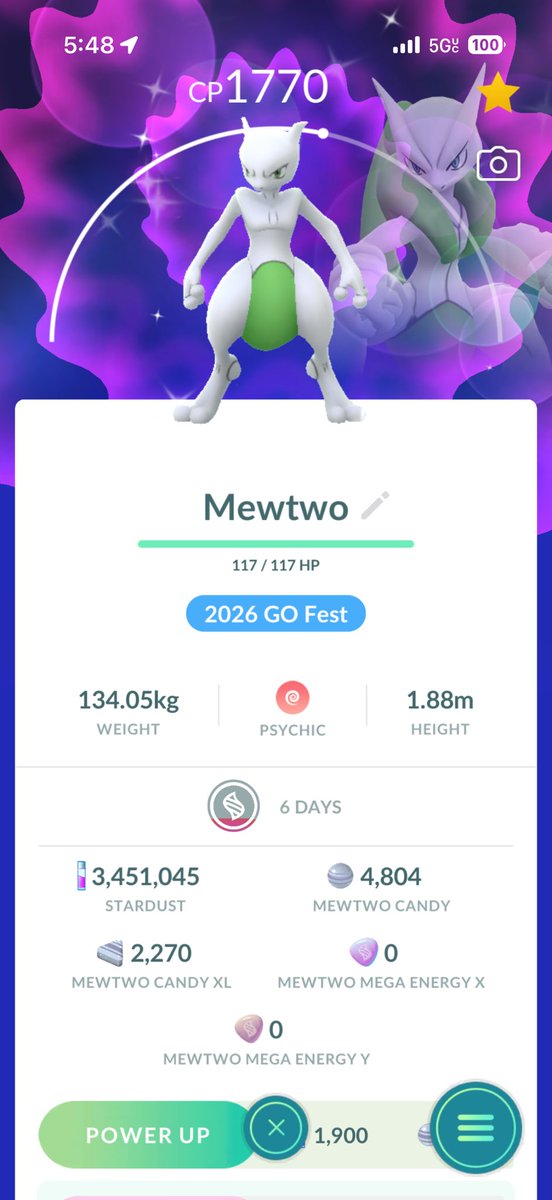 PokeSwim3r's tweet photo. @thetrainerclubb Shiny Mewtwo from the timed research! IVs are 12/15/14. Also HUNDO Mewtwo with the background! I’ll be at Grant Park this morning for my park day so we’ll see what happens. https://t.co/qNDPrwlG0l