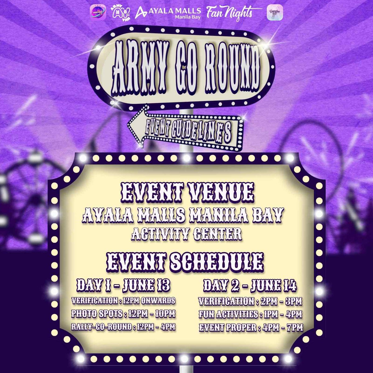philconcerts's tweet photo. 🎡💜 ARMY, it’s time to GO ROUND THE FULL CIRCLE! 💜🎡

Join us as we celebrate BTS’ 13th Anniversary with 𝐀𝐑𝐌𝐘 𝐆𝐎 𝐑𝐎𝐔𝐍𝐃: 𝐓𝐡𝐞 𝐅𝐮𝐥𝐥 𝐂𝐢𝐫𝐜𝐥𝐞 at Ayala Malls Manila Bay - Activity Center on June 13-14, 2026. Let’s come together to honor 13 incredible years of music, memories and the bond between BTS and ARMY.

📍Register here: https://t.co/WMPsN8IN34

✨ FREE ADMISSION
✨ Open to all ARMY
✨ Fan activities, Photo spots, giveaway raffles, games with prizes and more!

🎠 DAY 1 | June 13, 2026
• Verification: 12:00 PM onwards
• Photo Spots: 12:00 PM – 10:00 PM
• Rally-Go-Round Activities: 12:00 PM – 4:00 PM

🎡 DAY 2 | June 14, 2026
• Verification: 2:00 PM – 3:00 PM
• Fun Activities: 1:00 PM – 4:00 PM
• Event Proper: 4:00 PM – 7:00 PM

Optional ARMY Kit – ₱150
➖ https://t.co/LGmYuoMEVt

💜 OT7 Mini Standee
💜 OT7 Mini Sintra Board
💜 OT7 Banner
💜 Sticker
💜 Mini Keychain
💜 OT7 Photocard

See you and let’s make this anniversary celebration one to remember!

#ARMYGoRound #BTS13thAnniversary