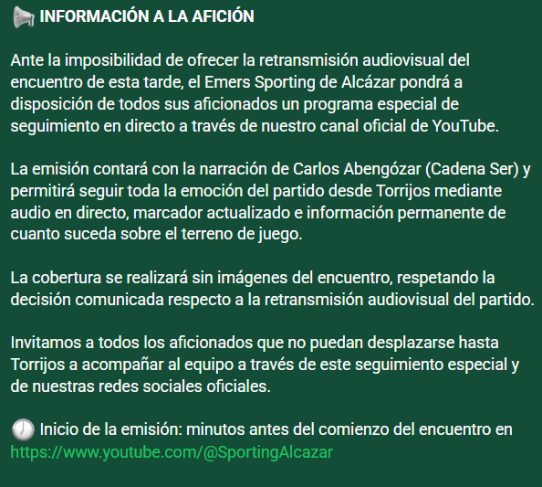 SportingAlcazar's tweet photo. 🕖 Inicio de la emisión: minutos antes del comienzo del encuentro en https://t.co/NJ83U8jC9U https://t.co/iGrzHxDOBN