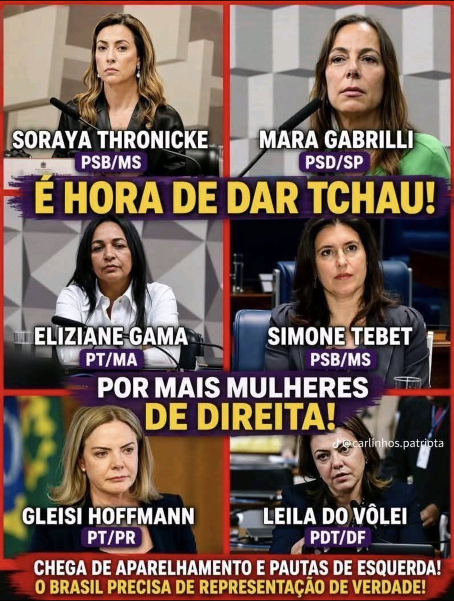 BolsoMaraP's tweet photo. DEIXA COMIGO‼️
Passando para lembrar que essas candidatas já estão com o SELO #ELASNAO

Faxina sanitária política em outubro de 2026❗️ https://t.co/ouF2BQMzV6