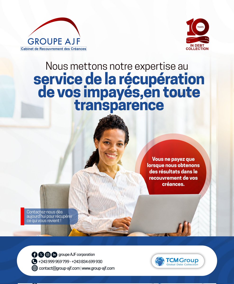GroupeAjf's tweet photo. Pourquoi payer sans garantie de résultat ?
Avec notre approche basée sur la performance, nos honoraires sont dus uniquement lorsque nous récupérons vos créances.
Votre succès est notre priorité.

👉 Envoyez-nous votre dossier dès aujourd’hui.

#recouvrementdescréances #debtcollection #BusinessRDC #Entrepreneuriat #Finance #Gestion #Créances