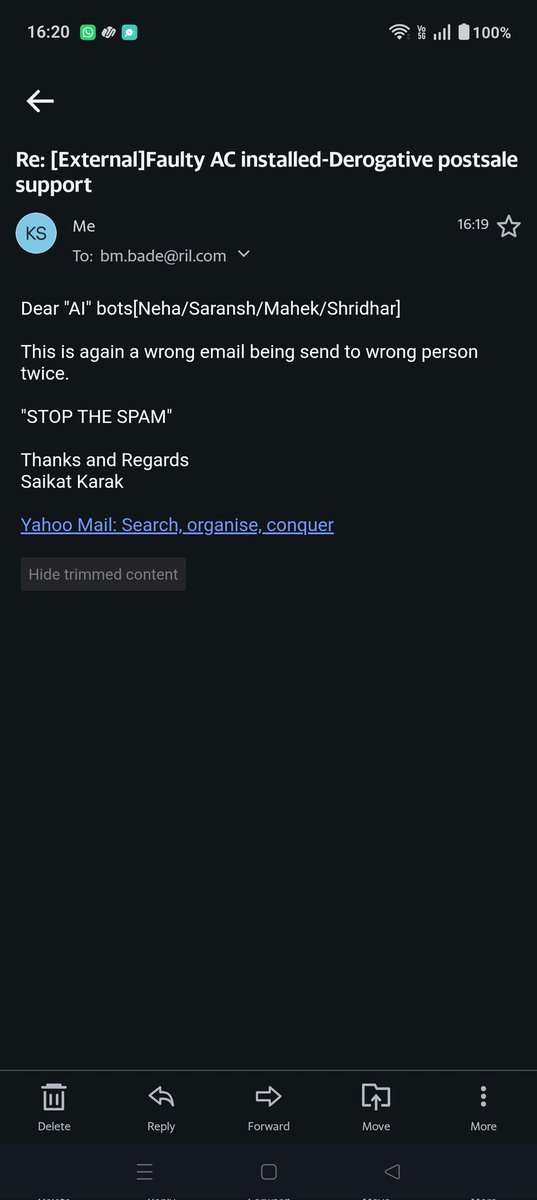 uttamsk's tweet photo. @RelianceDigital AI Idiot bots respond wrong info to the wrong person on an escalation email send to level 2 CEO desk email ID https://t.co/lQwUdlzlaX