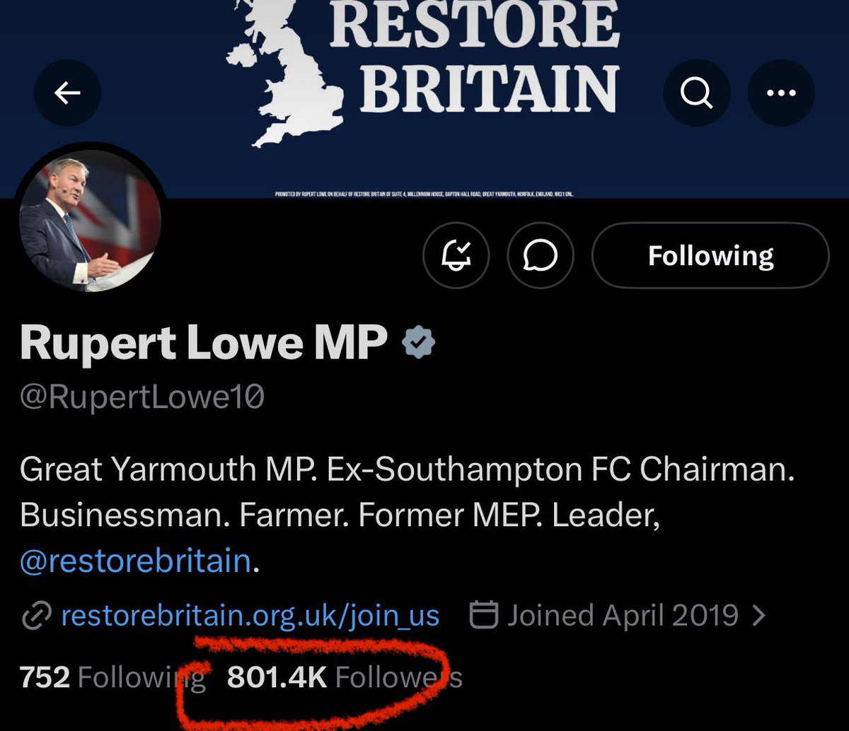 HoodedClaw1974's tweet photo. The boss @RupertLowe10 has gone through 800k. Lets get him to a million asap. Restore Britain are on the march.🇬🇧🇬🇧 https://t.co/YMFLYnIN23