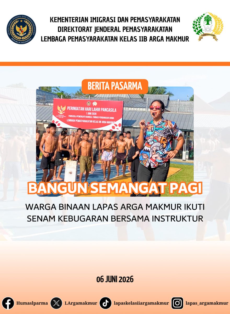 LArgamakmur's tweet photo. Warga Binaan Lapas Arga Makmir Ikut Senam Kebugaran Bersama Instruktur
#Pemasyarakatan #Lapas #Imipas https://t.co/w1ttpUMu6N