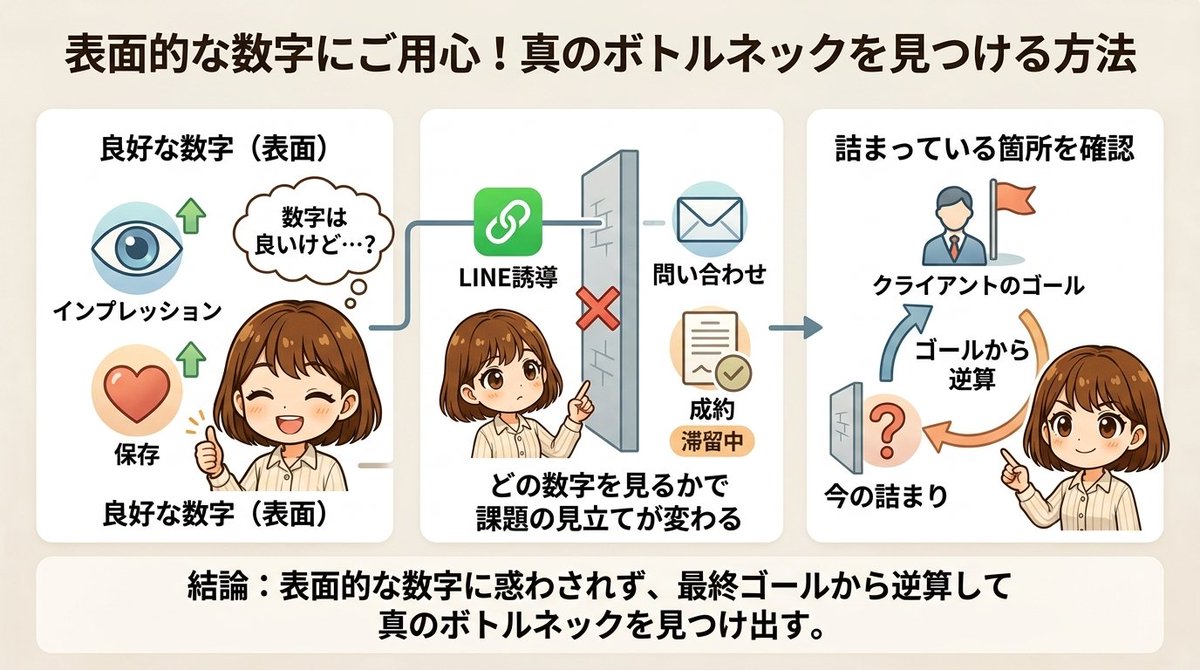 Rio_working's tweet photo. 「インプもいい、保存数もいい。でもLINEに誘導できていない。」

ヒアリングで出てきた言葉。数字的には悪くない。それでも最終ゴールには近づいていなかった。

「どの数字を見ているか」で、課題の見立てが変わる。良い数字が上がっているからこそ、本当の詰まりが見えにくくなる。

クライアントのゴールから逆算して「今どこで詰まっているか」を確認することが先。

#AIディレクター #プロジェクト管理