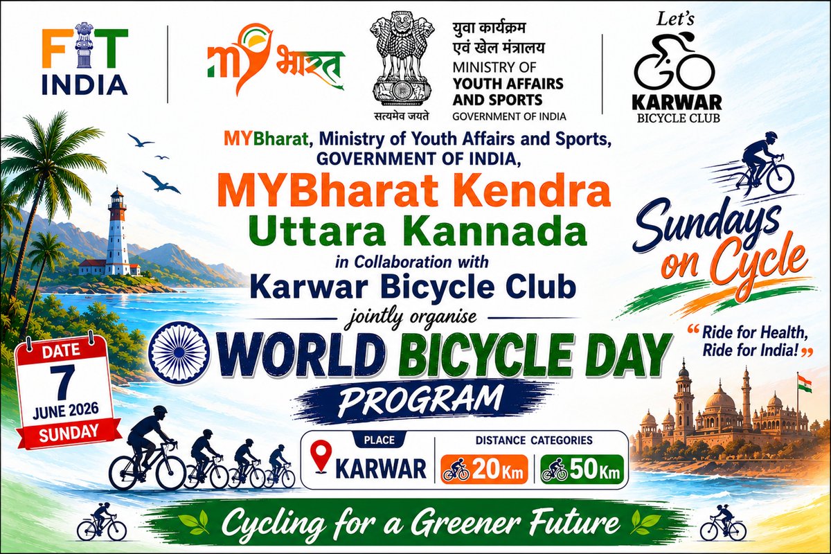 MYBharatkarwar's tweet photo. MYBharat Kendra Uttara Kannada, Karwar in association with #KarwarBicycleClub is organising #WorldBicycleDay2026 on Sunday the 7th June 2026. 
#FitIndia #SundaysOnCycle #MYBharat @mybharatgov @MYBharatHQ https://t.co/XTWAWLRDby