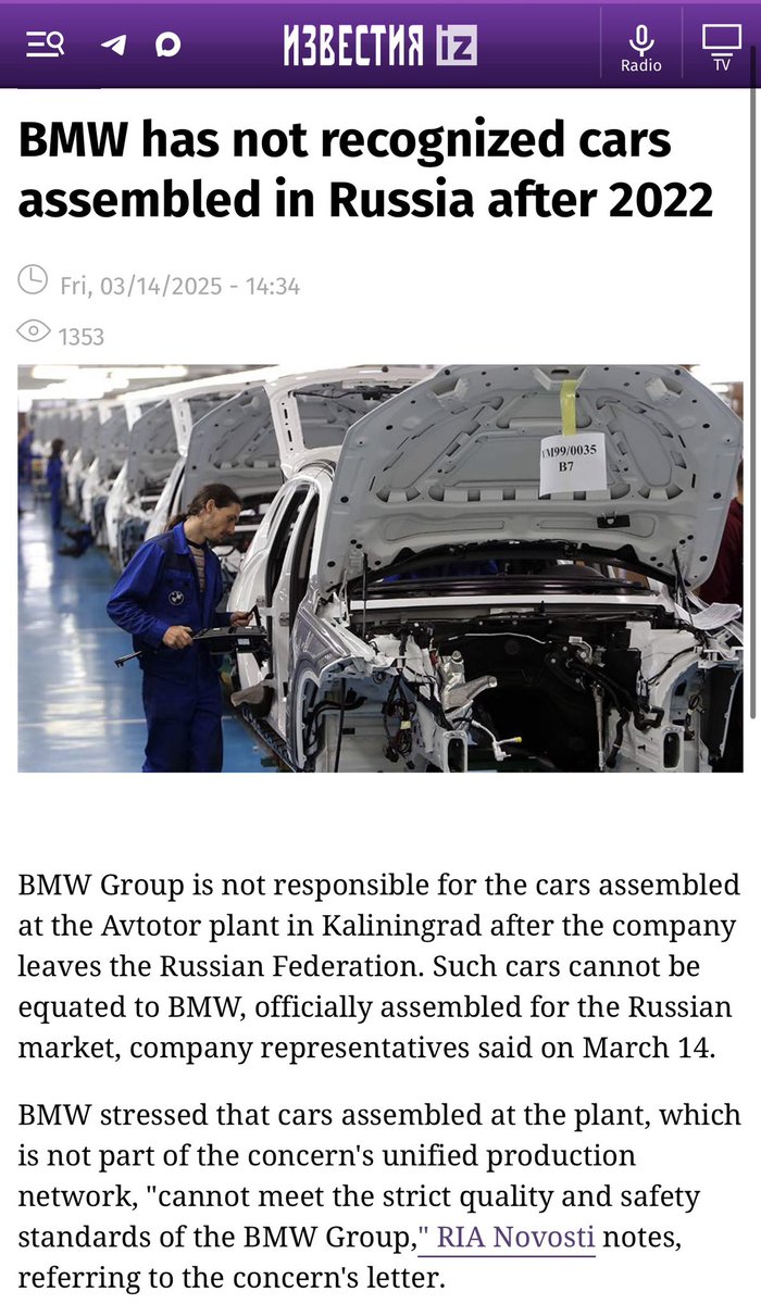 MyLordBebo's tweet photo. 🇩🇪🇷🇺 The BMW Corporation is furious that Russia keeps producing BMW cars without its approval and rejects them.

They are not officially recognized by BMW as real cars.

I don’t think anyone who bought one cares, and most who buy a used one later will never even know it’s a “Russian BMW.”

6/