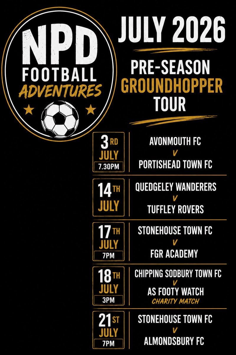 NickDobsonFooty's tweet photo. Putting a PSF schedule together. This will be updated over the next couple of weeks or changed

@QWFC94 @AvonmouthFC @PortisheadTown @TuffleyRoversFC @stonehouse_town @Almondsbury_FC @TSods @AS_FootyReview https://t.co/ykTC0UAHRG