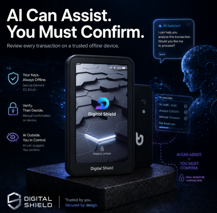 DigitShield_ZH's tweet photo. ⚠ AI 可以輔助，但確認必須由你完成

AI 可以幫你分析。
AI 可以幫你自動化。
但 AI 絕不應該替你盲目簽名。

在 Web3 世界，每一次簽名都至關重要。
讓私鑰保持離線，確認清楚，再批准交易。
#Web3Security #AI #DigitalShield #HardwareWallet #SelfCustody https://t.co/NLjSlqyKuO