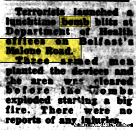 Hannyhas's tweet photo. 🔴31/5/1979, Any lamenting @NHS deficiencies should remember the Thursday that IRA terrorists set ablaze the Dept of Health offices, Malone Road, Belfast &amp; same day took over a Whiterock Road Dentists, to shoot at a soldier, then stealing the @NHS dentist`s car afterwards. #OTD🔴 https://t.co/svHHY7uFwh