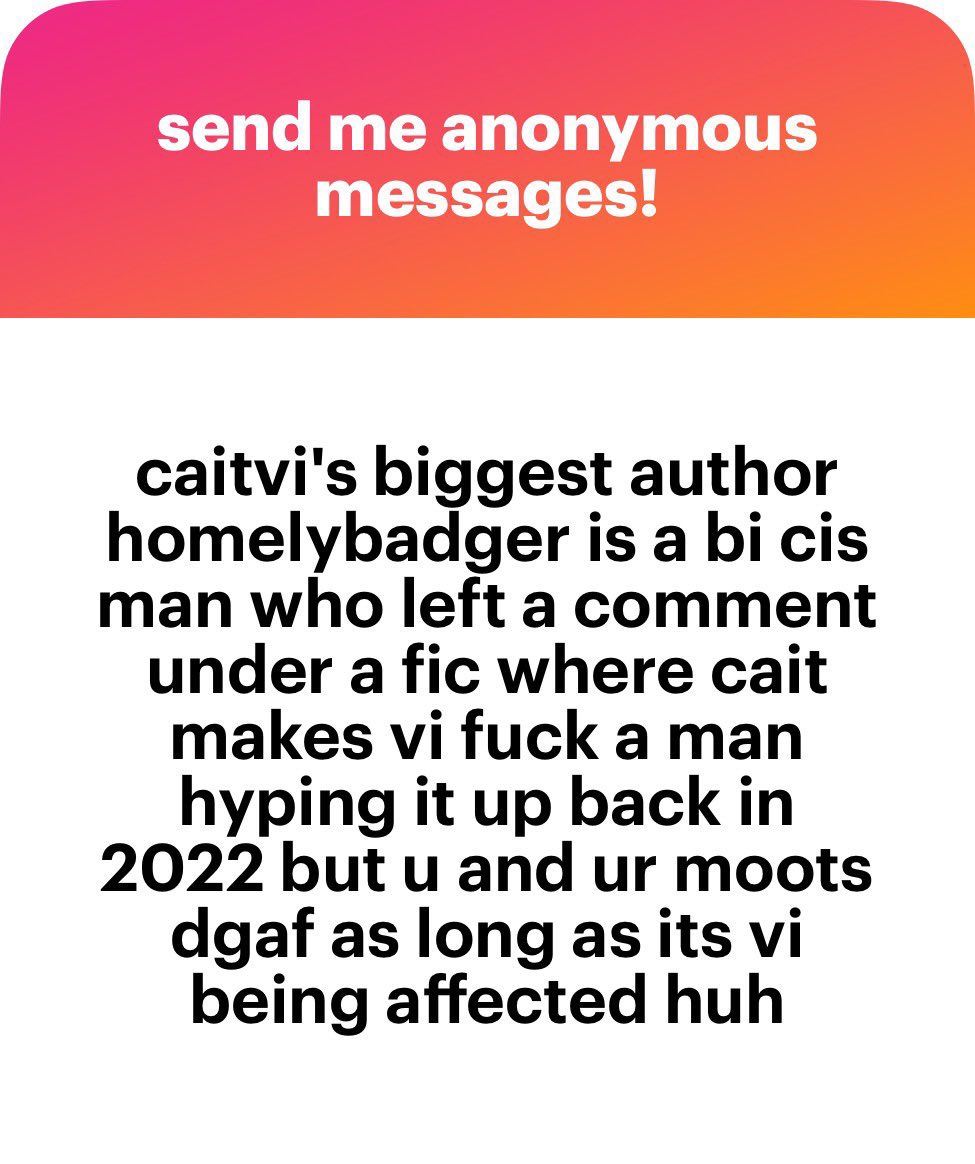 ccaitskiramman's tweet photo. I’m sick of hearing about run at the cup please stop promoting anything written by that sick freak. A non lesbian supporting a fic of vi being fucked by a man is beyond lesphobic and yes, this IS a rape fetish. https://t.co/1jZNOYJQEd