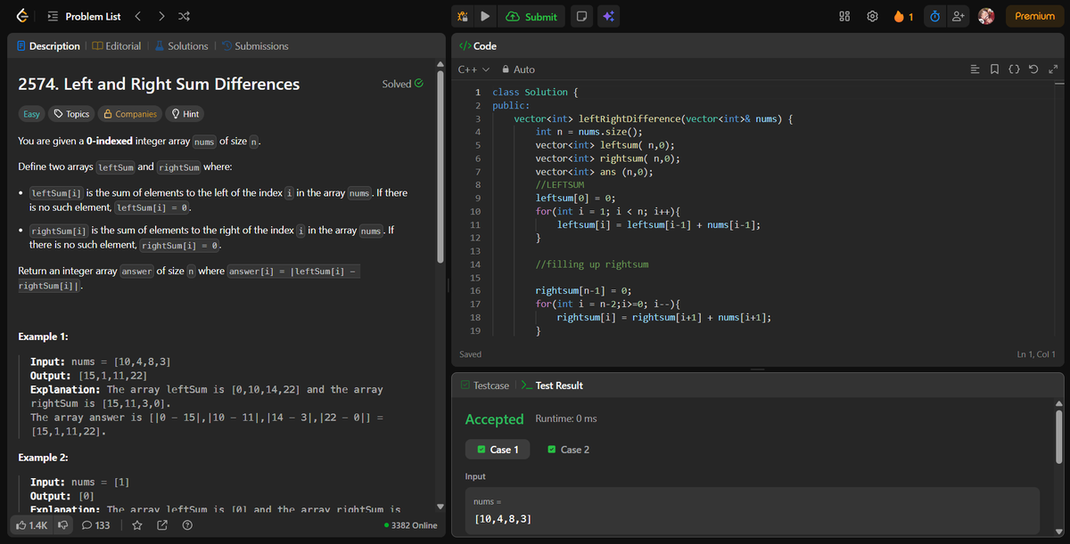 rohhannn01's tweet photo. Day 51 🚀
Solved today's POTD - "Left and Right Sum Diffferences" (LC - 2574).
A simple array problem that helped me practice prefix sums and efficient computation......😺
#day51 #leetcode #dsa #potd #array https://t.co/hH86H1Ip6n