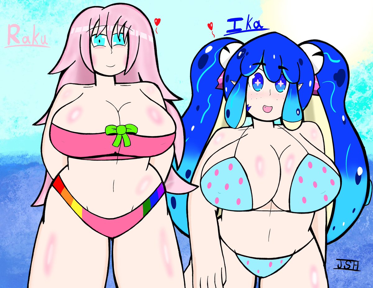 ATRE5763's tweet photo. Raku and Ika enjoying the summer ☀️ 
Special gift to my friend @Squidime with his character!! https://t.co/B6oqKxoPXt