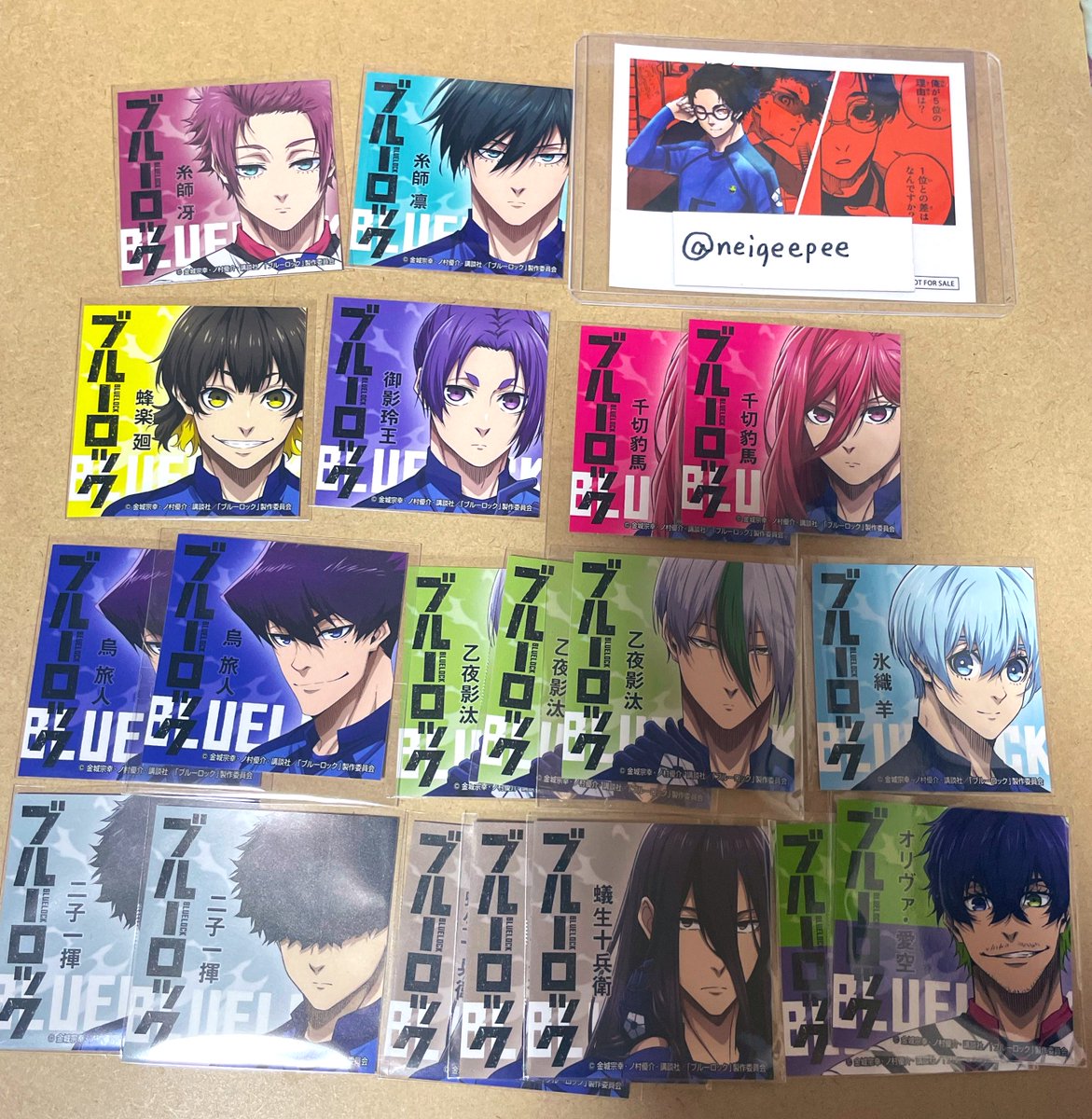 neigeepee's tweet photo. 【交換】
ブルーロック　マイスポーツドリンク
マイスポ　ステッカー

譲:☆冴、☆凛、蜂楽、玲王、千切、
烏、乙夜、氷織、二子、蟻生、愛空

求:同異種雪宮

上段2段は同種のみ
異種カード類検討します
(基本100均カードダスは求めてません)

☆は下段含むのみ
郵送希望 https://t.co/YvFs2CxuIR