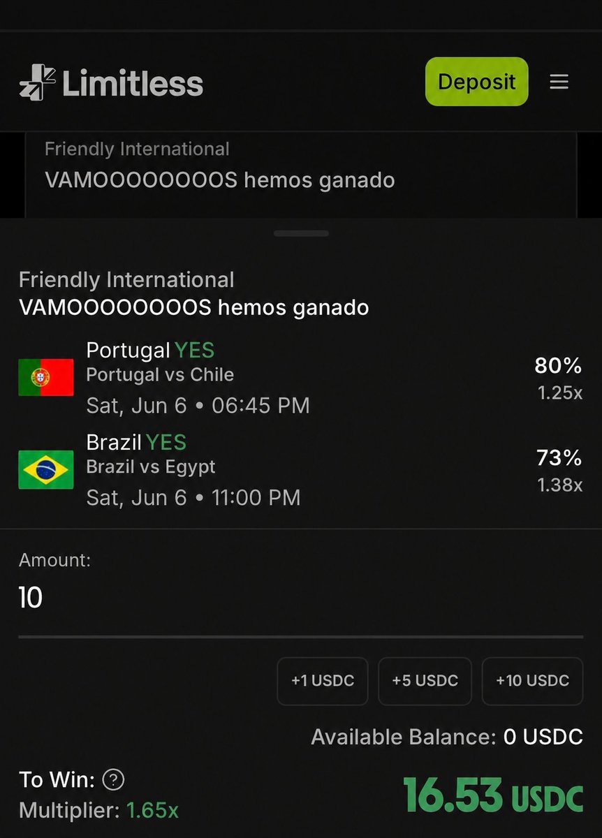 i_am_vickyd's tweet photo. Testing the new bundle feature on @trylimitless.

You can now combine multiple prediction markets into a single position.

My picks:
- Portugal to beat Chile
- Brazil to beat Egypt

Need both to hit, let's see how it goes https://t.co/jiXG3Y5zEa