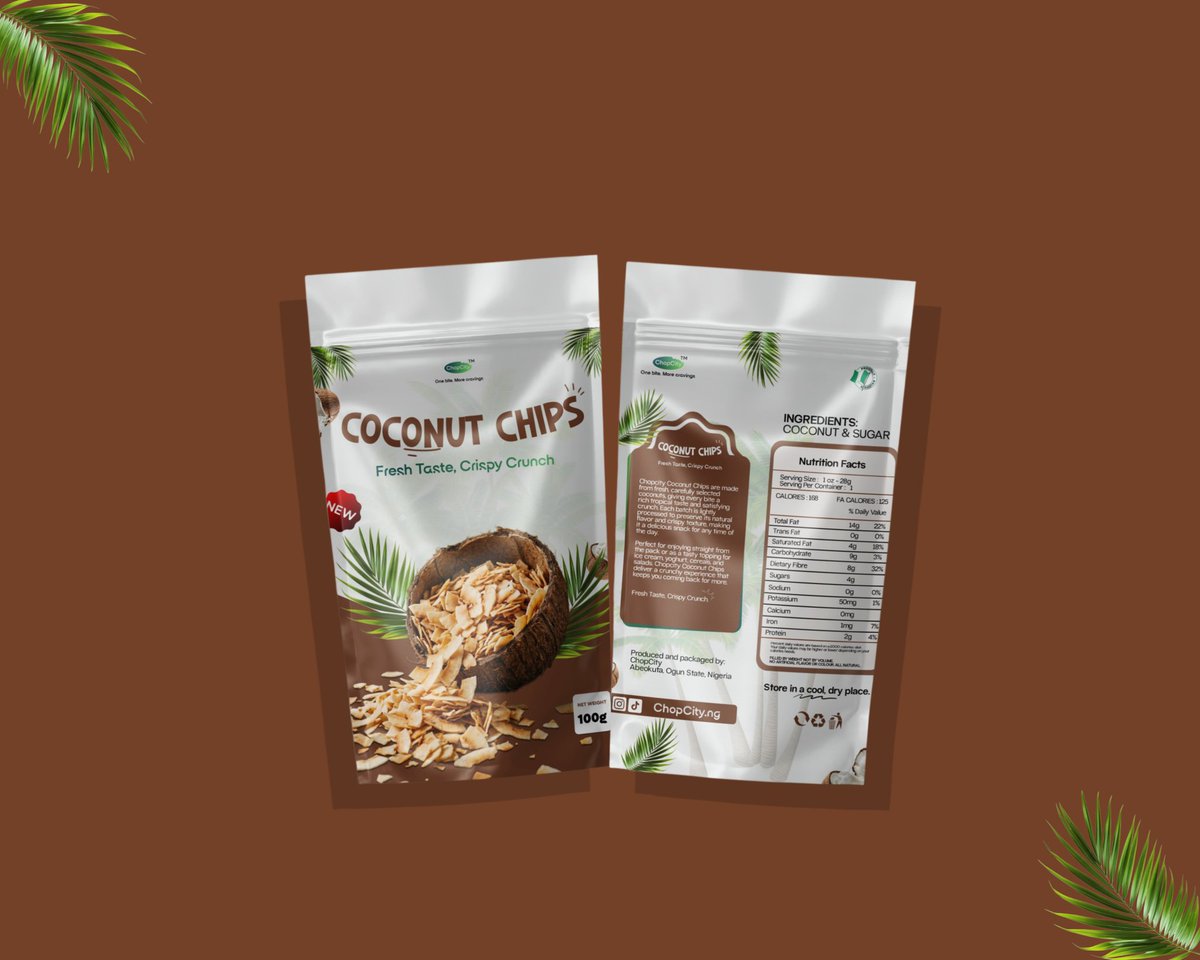 basito_graphics's tweet photo. Designed the new packaging for ChopCity Coconut Chips.
Focused on tropical aesthetics, bold yet clean typography, and strong visual appetite appeal to communicate the product’s fresh taste and crispy crunch.
Open to feedback,what are your thoughts? #PackagingDesign #BrandDesign https://t.co/Mwvm9JrYfK