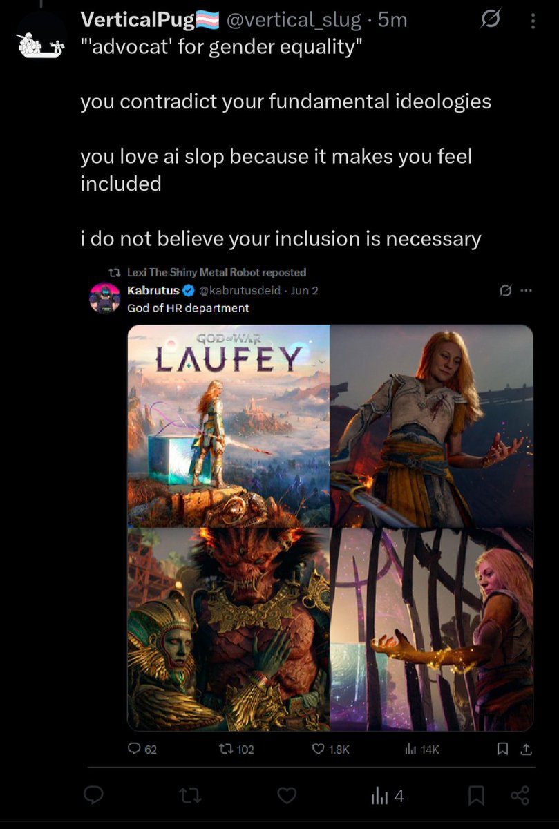 CatBotPrime's tweet photo. @vertical_slug @Illanity @p_hoenixhzero As ive been blocked. My bio, that is quoted is an Anime Meme. However I would not have them replace samus or Lara Croft either. It is wrong to side line Kratos. 

I was going to talk philosophy on the nature of life and machines more. However, Plug is rather bigoted. https://t.co/Mz8wVcWxTJ