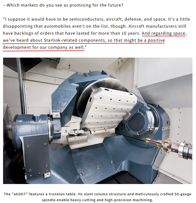 Monolith_Cap's tweet photo. $6135.T In a March interview, Makino's sales executive said: “We’ve heard about Starlink-related components, so that might be a positive development for our company as well.” I checked, and he is right - SpaceX likely uses Makino's machines to make Starlink satellites.

SpaceX manufactures Starlink satellites at the dedicated facility in Redmond, Washington. GPT 5.5 helped me unearth local county permit records, which show new foundations for relocated machinery and related fire-alarm alterations in early 2025 under the project name "SPACEX SE03 - MAKINO EXPANSION AND HITL".

In addition, SpaceX is looking for experienced machinists for the Redmond facility to operate multi-axis CNC machines, including 5-axis mills and 6-axis lathes.

This convinced me that Elon is also a fan of Makino's gigantic "mother machines".