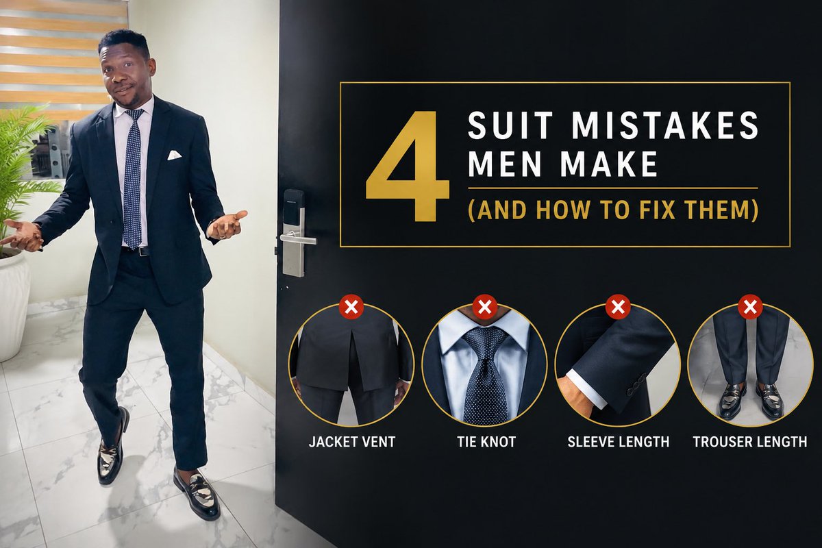 iamthatvk's tweet photo. Before You Wear a Suit, Check These 4 Things.

📍First, the jacket vent should lie flat and not pull open.

📍Second, your tie should be properly knotted and rest around your belt line.

📍Third, your shirt sleeve should show slightly beneath your jacket sleeve. https://t.co/XmSlaMBVV7