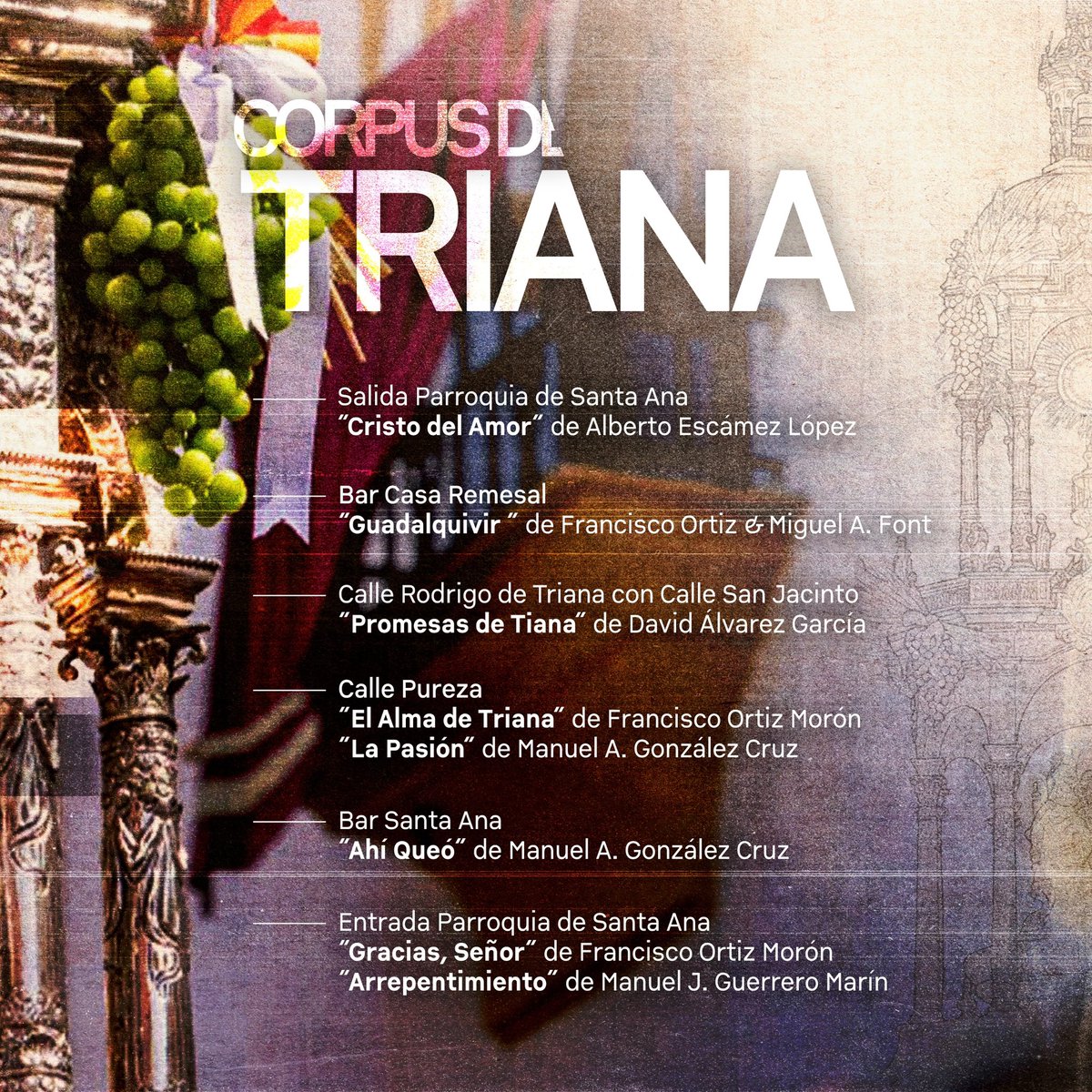 3Caidas_Triana's tweet photo. ℹ️ | 𝐂𝐎𝐑𝐏𝐔𝐒 𝐂𝐇𝐑𝐈𝐒𝐓𝐈 • 𝐓𝐑𝐈𝐀𝐍𝐀

Os dejamos con los puntos de interés sobre nuestra participación mañana en el Corpus Christi de Triana.

Durante la misma, se procederá al reestreno de ‘Aguas de Triana’.

#TresCaídasDeTriana | #ToquesDeTriana https://t.co/GjVqeykX8s
