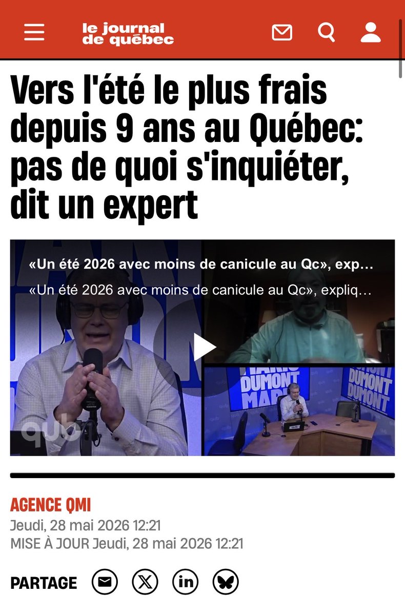 jfrcaron's tweet photo. Le combat du narratif climatique 

Dans le coin bleu, le JdeQc qui annonce un été plus frais qu’à l’habitude 

Dans le coin rouge, Rad-Can qui annonce un été chaud 

Qui croire ?

Personne. Il fera chaud certains jours et froid d’autres. Comme ça a toujours été le cas…

. https://t.co/BxBnH7AZaK