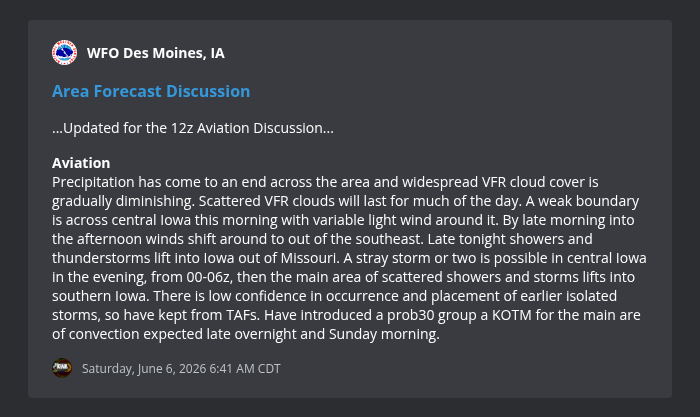 IowaWXNetwork's tweet photo. Area Forecast Discussion from WFO Des Moines, IA @ 6/6/2026 6:41 AM https://t.co/Nq3oTLQwS9 #iawx https://t.co/4CiBSazoNK