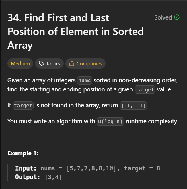 hemanyadav2005's tweet photo. Day 13/100 of #100DaysOfCode

- Problem solved: 34. Find First and Last Position of Element in Sorted Array
- Topic covered: Binary Search
- Topic learned: LinkedList
- Approach: Search the first occurrence in left side and last occurrence in right side after calculating mid. https://t.co/i98yyHd7M3