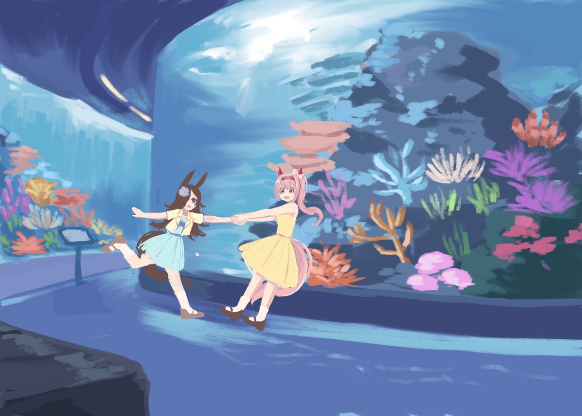 chen_lin9906's tweet photo. 夏が来たので、少し時間をかけて水族館のシーンを描いてみました。水族館の景色って、見ているだけで涼しくなりますよね！
#ライスシャワー
#ハルウララ https://t.co/i0EYYRxfdX