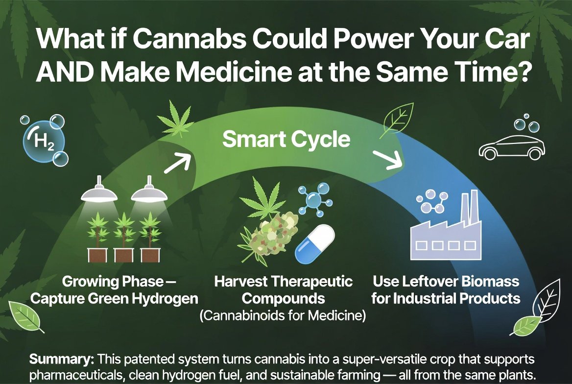 marclanders's tweet photo. What if cannabis could power your car AND make medicine at the same time? 

The system works in a smart cycle:During the growing phase, capture hydrogen.

Then harvest the plants for therapeutic compounds (like cannabinoids for medicine).

Finally, use the leftover plant material for industrial products.

Overall, this turns cannabis into a super versatile crop that can simultaneously support the pharmaceutical industry and help the world switch to clean hydrogen energy — combining medicine, clean fuel, and sustainable farming in one system.

https://t.co/QbhvbNuUmC