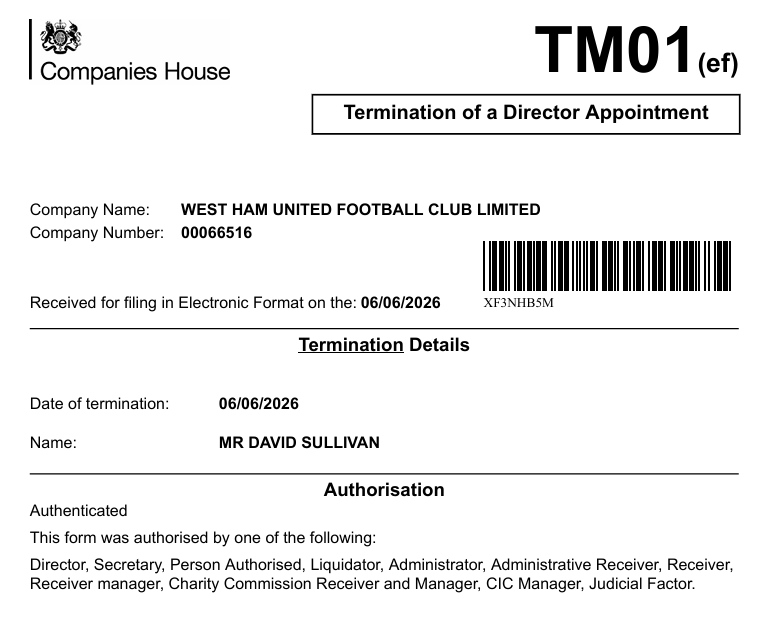 kumbdotcom's tweet photo. Confirmation of David Sullivan's resignation from WHUFC Ltd.

https://t.co/NAWoO7kePB https://t.co/qD7xKkCu3i