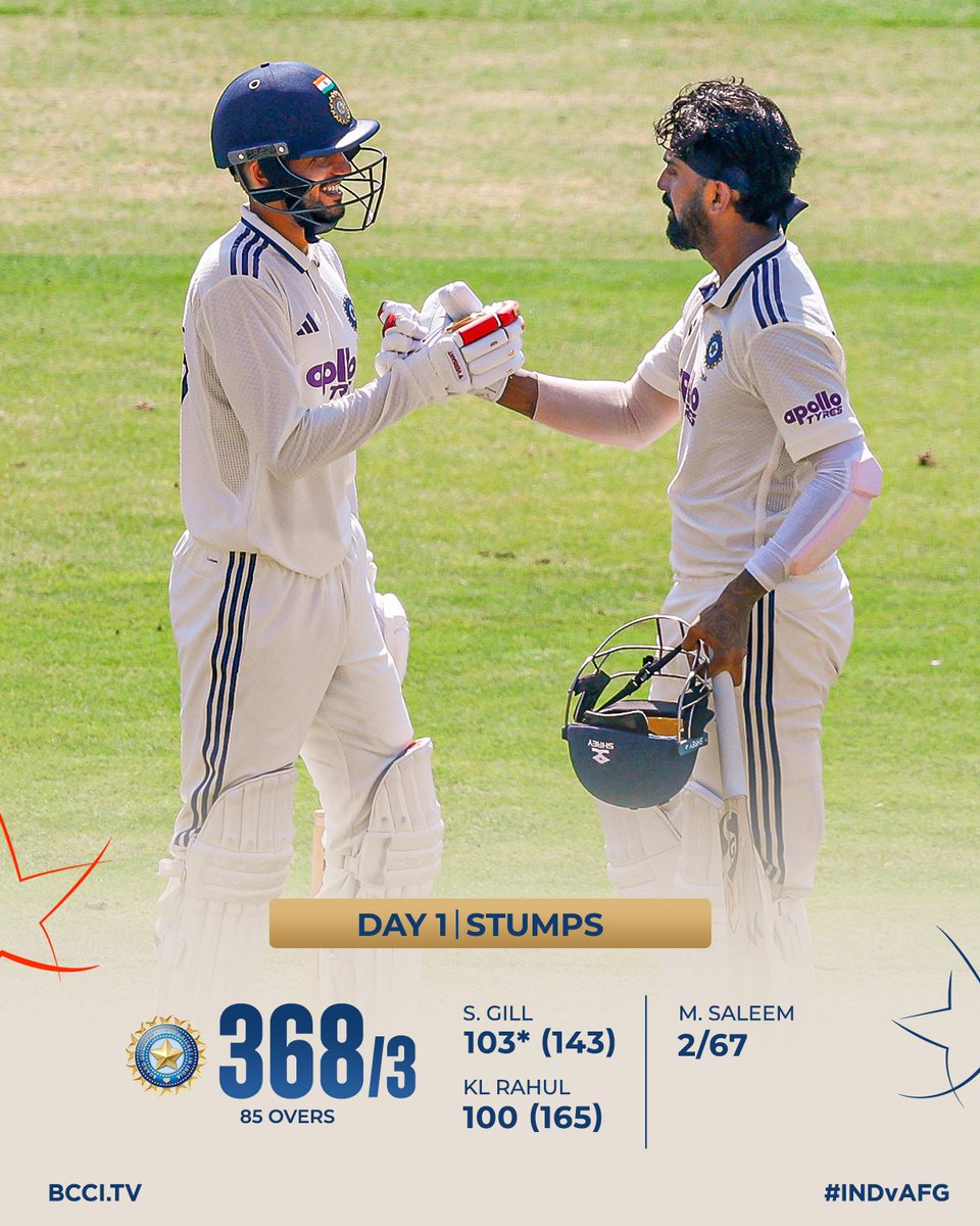 BCCI's tweet photo. Stumps on Day 1️⃣

Fabulous centuries from Captain Shubman Gill and Vice-captain KL Rahul power #TeamIndia's charge 💪

We will resume proceedings tomorrow at 368/3 👌

Scorecard  ▶️ https://t.co/Au50EfVM30

#INDvAFG | @IDFCFIRSTBank https://t.co/sjVmjH8WLv