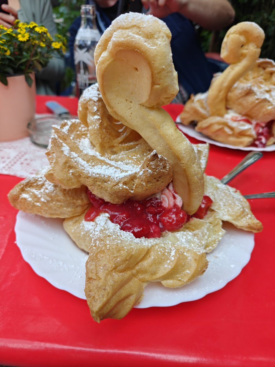 joel_aktuell's tweet photo. In Reitzenhagen bei Bad Wildungen in der Nähe von Kassel gibt es das Café Knusperhäuschen, das von vier Rentnerinnen betrieben wird. Dort kann man wohl seit 1970 Windbeutel-Schwäne essen. Ich wollte einen kleinen. Naja. So ein typisch zufällig deutscher Ort 😄 https://t.co/DeVE8rc0a1