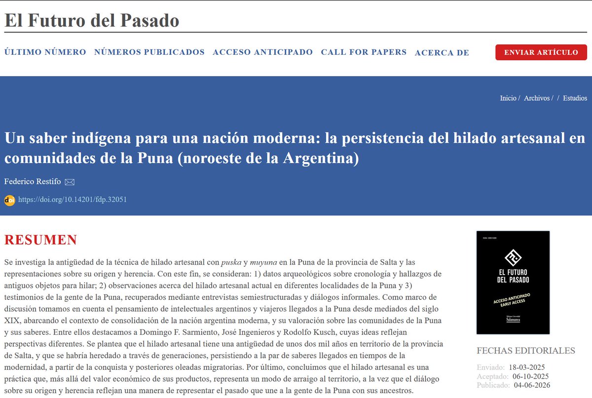 FdPRevista's tweet photo. 🆕Artículo en acceso anticipado:

Un saber indígena para una nación moderna: la  persistencia del hilado artesanal en comunidades de la Puna (noroeste de  la Argentina) | Federico Restifo

🔗https://t.co/LLIk4dB2eN https://t.co/mLsxMwmHnc