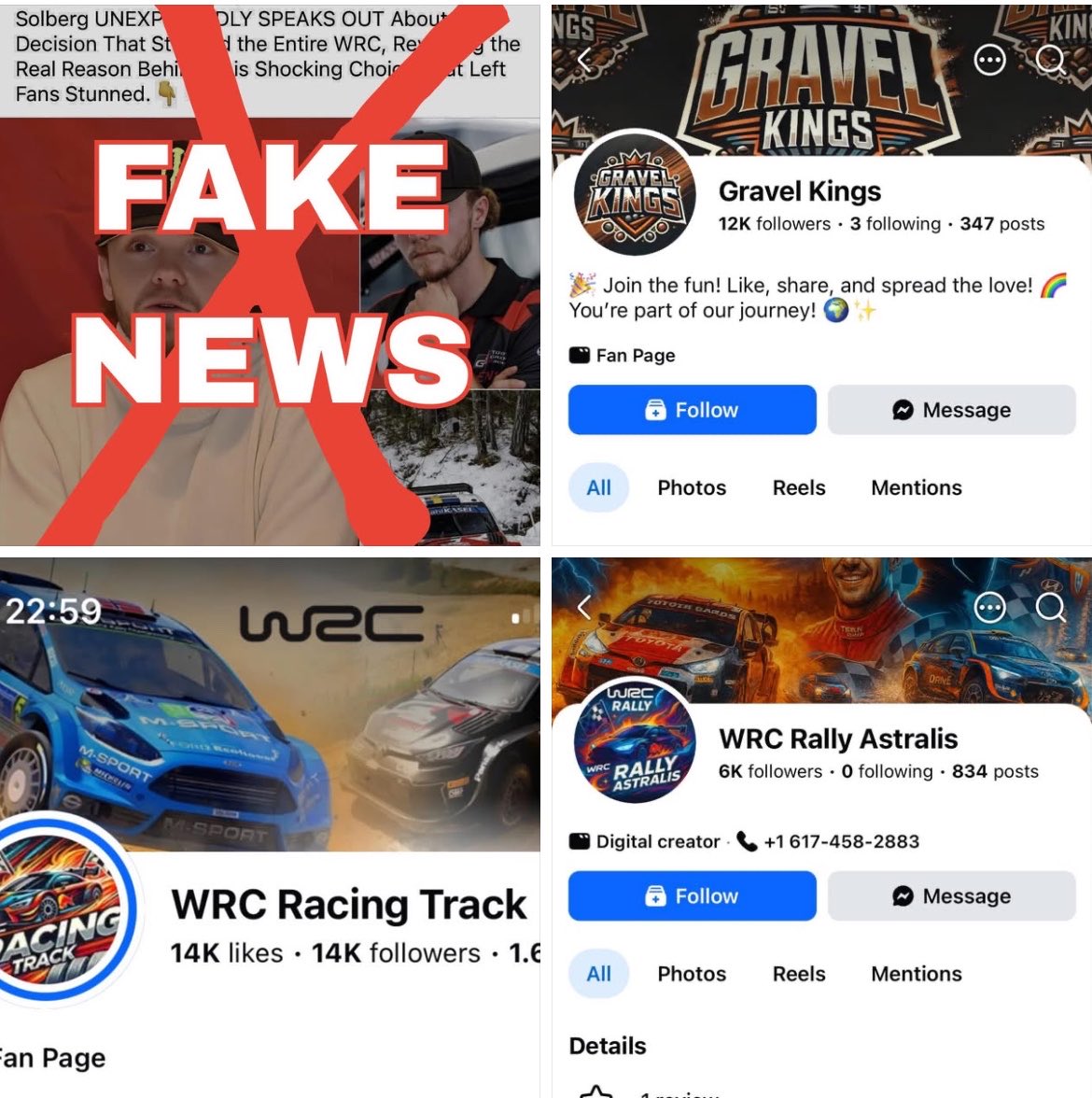 Petter_Solberg's tweet photo. ‼️ Don’t believe everything you read online! 👀 There are so many fake news pages using AI pictures on social media now sharing completely fake stories - including ‘WRC Rally Astralis’, ‘WRC Racing Track’, ‘Gravel Kings’ and ‘WRC Apex Hunters’ (see the photos). 

Please unfollow them - everything on those pages is completely made up, and a lot of it is harmful! For anyone who has seen any of those pages recently: no, Pernilla is not unwell and Oliver isn’t retiring at the end of the season… it’s all just lies to get attention, so please don’t give them any. 

If in doubt, always check official driver, team, WRC and known media accounts to verify if something is true. Thank you 🙏