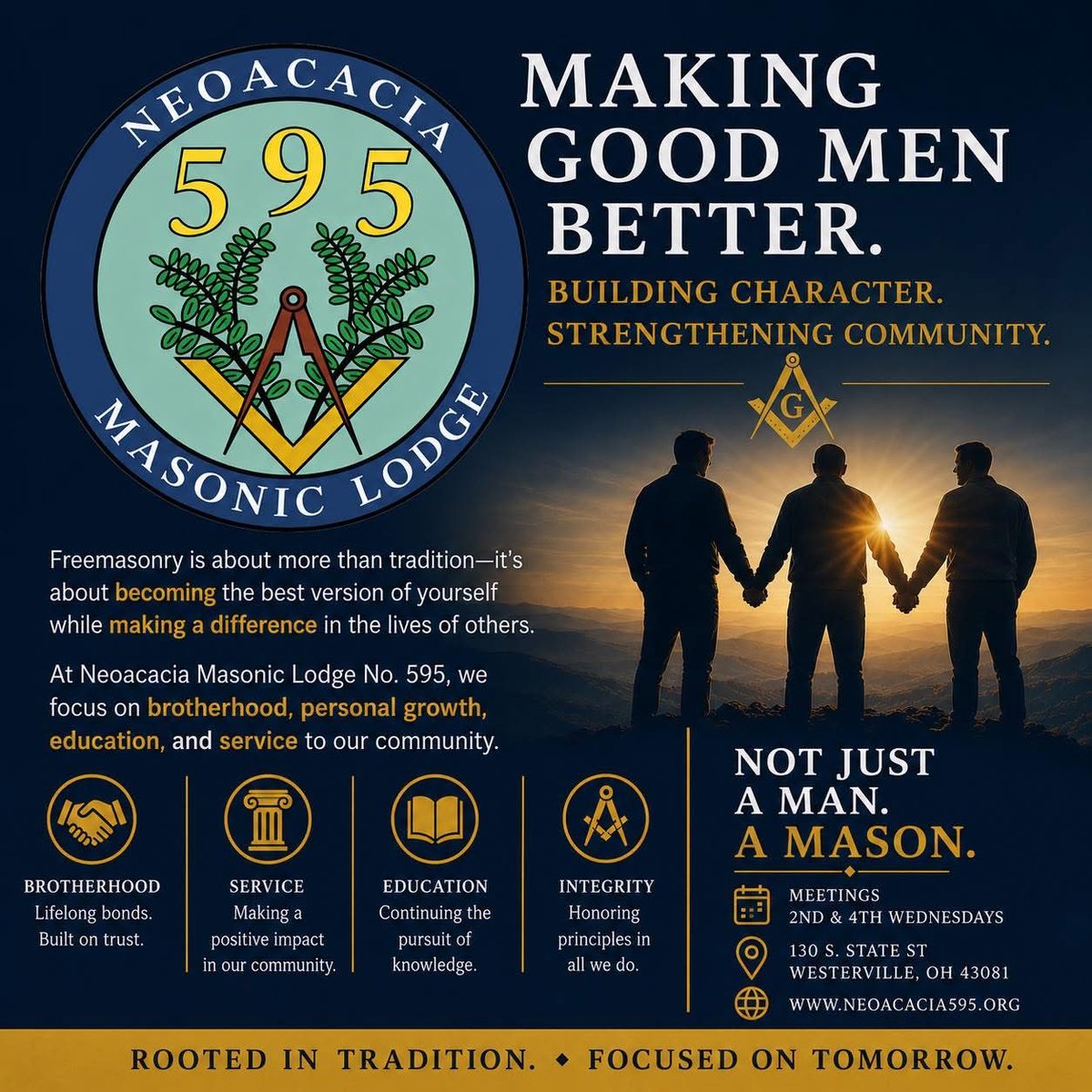 Neoacacia595's tweet photo. At Neoacacia Masonic Lodge No. 595, we’re committed to brotherhood, personal growth, service, and integrity.
#Freemasonry #Brotherhood #Leadership #CommunityService #PersonalGrowth #WestervilleOH #MasonicLodge #MakingGoodMenBetter https://t.co/mVPArSnbQJ