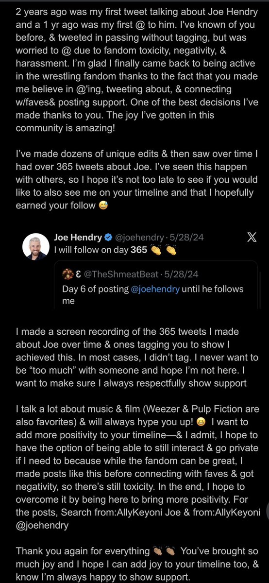 AllyKeyoni's tweet photo. @joehendry 2 yrs ago my1st Joe tweet.Knew him but didn’t@ due to fandom toxicity but glad he helped show it’sOK

Saw I’ve since made 365 Joe posts &amp;hope it’s not too late to earn a follow (your rule for follows!)&amp;earn the right to add more positivity to ur feed,proof/seen below🥹 https://t.co/gTWTIwUX8i