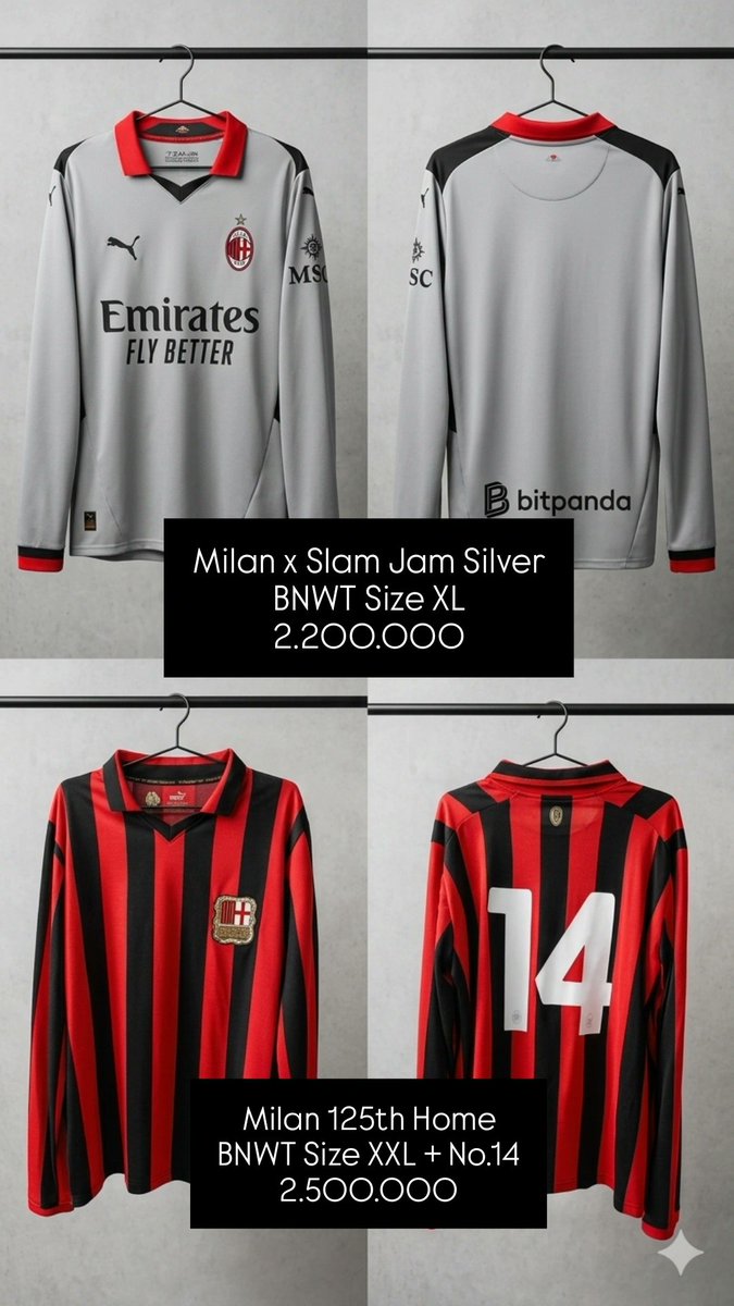 maswhy28's tweet photo. #jersey4sale #jerseyoriginal

1. Milan X Slam Jam Silver BNWT Size XL
2. Milan 125th Home BNWT Size XXL https://t.co/fE2SAJYkvi