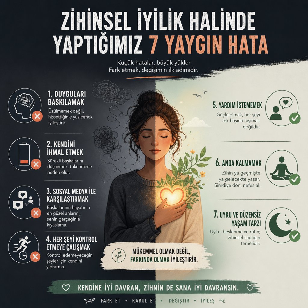 vulusan's tweet photo. Psikolojik iyilik halini artırırken sıkça yapılan hatalar nelerdir? Duyguları bastırmak, başkalarıyla kıyaslamak gibi hatalar, kişisel gelişimi engelleyebilir. Farkında olmak ve düzeltmek, sağlıklı bir zihin yapısına ulaşmana yardımcı olabilir! #Psikoloji #KişiselGelişim https://t.co/ZQsC5Lx0q8
