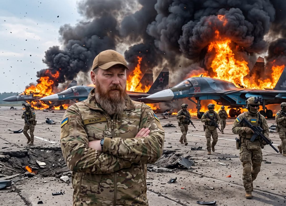 OlenaRohoza's tweet photo. MADYAR DESTROYS RUSSIA'S LARGEST AIR BASES! A STRATEGIC APOCALYPSE FOR RUSSIAN AVIATION

The legendary Madyar, together with his fighters and units of Ukraine's Military Intelligence (HUR), carried out a large-scale combined attack. Ukrainian drones and missiles reportedly broke through air defenses and struck several of Russia's key strategic air bases simultaneously.

Among the targeted facilities:

Engels — the main base for Tu-95 and Tu-160 strategic bombers.

Dyagilevo — a major long-range aviation airfield.

Kursk, Olenya, Severny, and several other critically important military sites.

Powerful explosions reportedly erupted in aircraft parking areas, hangars, and ammunition depots. Fires spread across the facilities as military aircraft burned on the ground. Su-34s, Su-35s, Tu-95s, and Tu-160s were reportedly engulfed in flames, leaving behind charred metal wreckage.