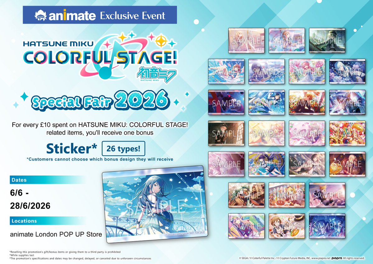 animate_LDN's tweet photo. HATSUNE MIKU: COLORFUL STAGE! Special Fair 2026 On Now!
During the promotion, customers will be receive a Illustration Card (26 types) for every £10 spent on event related merchandise ♪

Promotion Period: 6/6 - 28/6/2026
Location: animate London POP UP Store