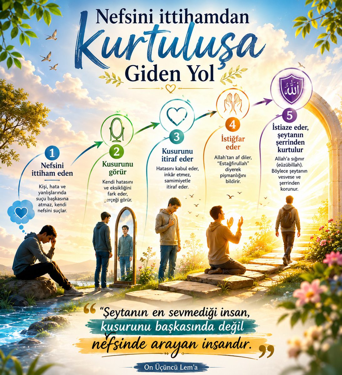 inkisafff's tweet photo. Nefsini ittiham eden, kusurunu görür. Kusurunu itiraf eden, istiğfar eder. İstiğfar eden, istiaze eder (Allah'a sığınır). İstiaze eden, şeytanın şerrinden kurtulur." 
On Üçüncü Lem'a
Risale-i Nur 📕❤️‍🩹 https://t.co/v7gRCJ0PEQ