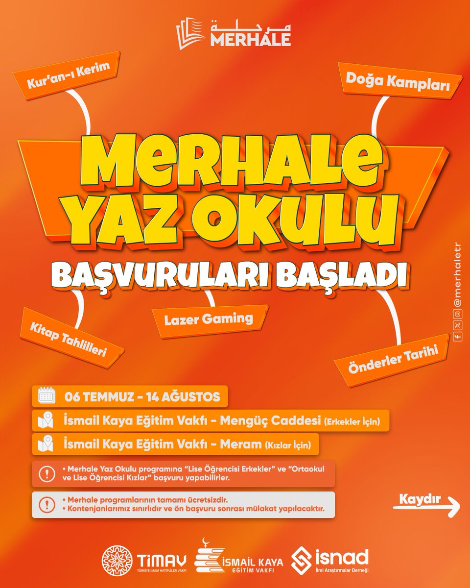 merhaletr's tweet photo. Merhale Yaz Okulu ile Yeniden Sizlerleyiz! 📢

Öğrencilerimizin yaz tatillerini ilmi ve fikri gelişimlerine katkı sağlayarak; hem verimli hem de keyifli geçirmeleri amacıyla hazırladığımız programımız başlıyor.

📅 Başlangıç: 6 Temmuz (Programımız 6 hafta sürecektir)

Erkek Yaz Okulu
🎯 Katılımcı: Lise öğrencileri
📍 Konum: İsmail Kaya Eğitim Vakfı (Mevlana Meydanı arkası, Mengüç Caddesi üzeri)

Kız Yaz Okulu
🎯 Katılımcı: Ortaokul ve lise öğrencileri
📍 Konum: İsmail Kaya Eğitim Vakfı Meram Binası (Yaka Mahallesi, Diltaş İlkokulu arkası)

⚠️ Önemli Not: Programımızda kontenjan sınırlı sayıdadır ve katılımcılar yapılacak mülakat sonucunda belirlenecektir.

Gün ve saat gibi diğer detaylar başvuru formunda yer almaktadır.🔗
Diğer sorularınız için DM yoluyla bize mesaj atabilirsiniz. 💬

Erkekler Başvuru Formu ➡️ https://t.co/8qRnqHn23A

Kızlar Başvuru Formu ➡️ https://t.co/xZwXoxeDIC

#MerhaleYazOkulu #Konya #YazKursu #Merhale