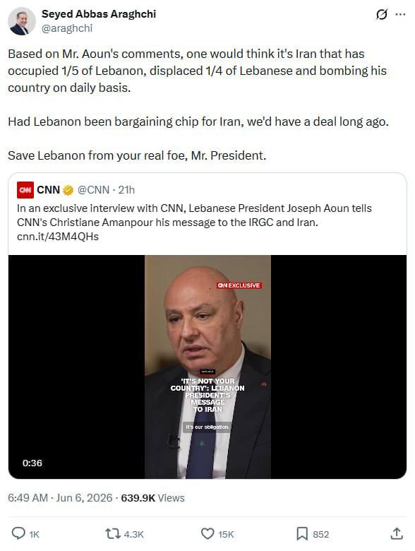 313sweden's tweet photo. 🚨 BREAKING:
Iran's Foreign Minister Araqchi reprimands Lebanon's puppet president. #Lebanon https://t.co/Vpgh13XfqV