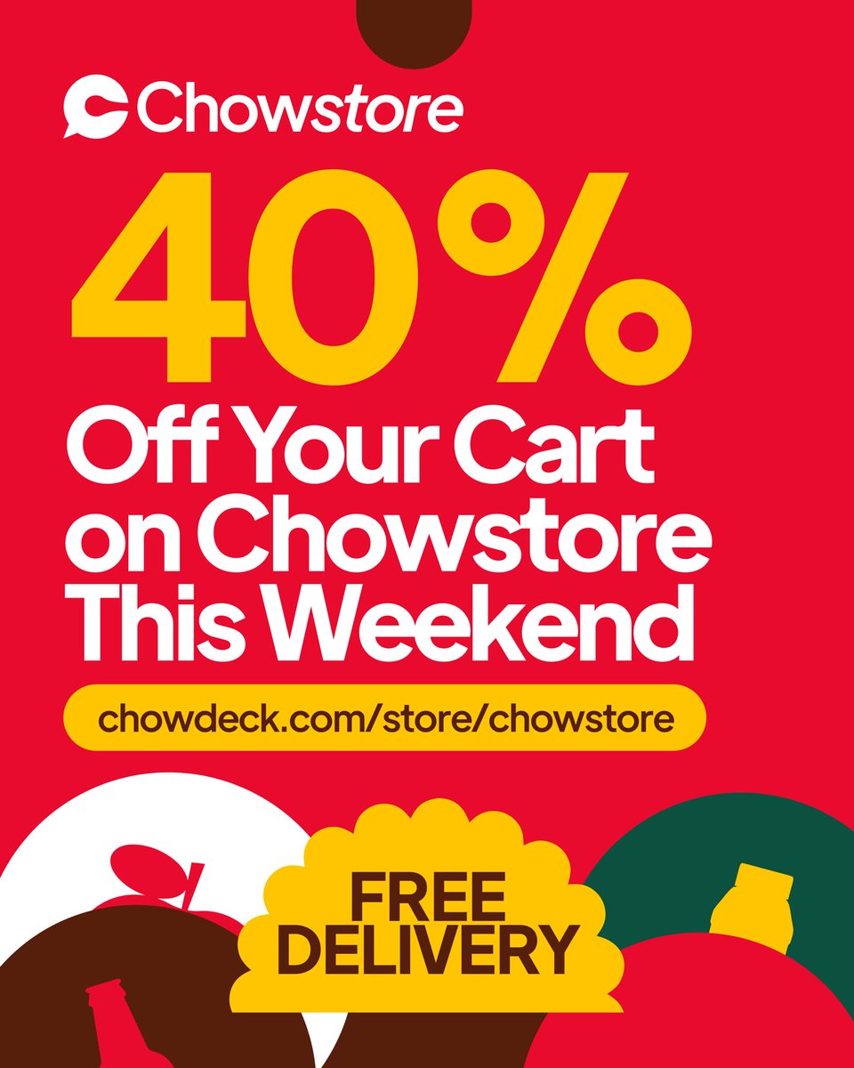 chowdeck's tweet photo. Weekend deal alert 🚨
40% OFF YOUR CART on Chowstore this weekend.

You also enjoy FREE delivery and a FREE gift at checkout!
Order now at https://t.co/psFcbnmTOI https://t.co/ER06HhMLv0