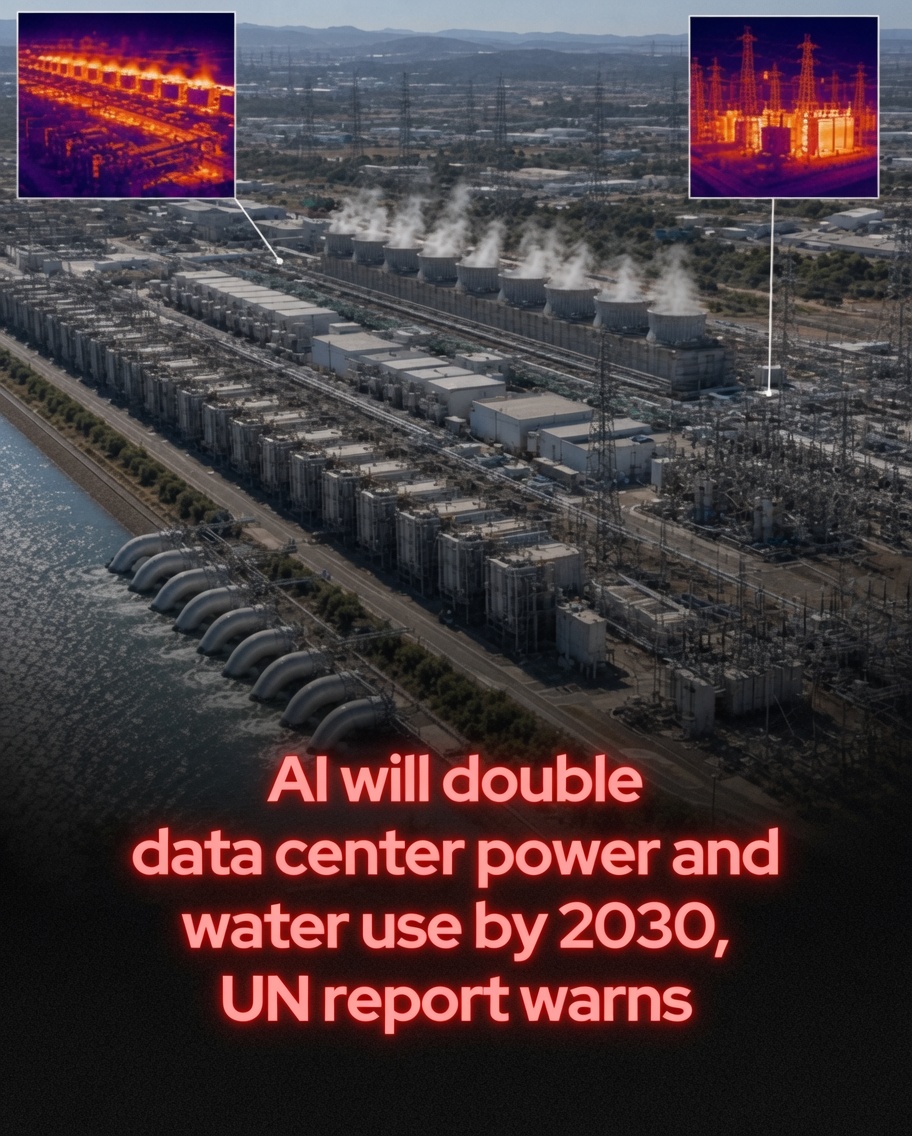 Rainmaker1973's tweet photo. Data centers powering artificial intelligence are projected to consume roughly twice as much electricity and water by 2030 as they do today, according to a new report from United Nations researchers.

Although AI is often perceived as intangible cloud-based technology, every query, image, or video relies on a massive physical infrastructure of servers, cooling systems, power grids, chips, land, and water.

In 2025, global data centers used approximately 448 terawatt-hours (TWh) of electricity, more than the total consumption of Saudi Arabia. AI accounted for about one-fifth of that demand. These facilities also consumed around 1.2 trillion gallons (4.5 trillion liters) of water and emitted roughly 189 million tons of carbon dioxide.

By 2030, researchers forecast that annual electricity consumption by data centers will rise to 945 TWh, roughly equivalent to Japan’s current total electricity use, with AI expected to drive 40% of the total. Water consumption is projected to double to about 2.5 trillion gallons (9.3 trillion liters) per year. The physical land footprint could also expand from roughly 2,664 square miles (6,900 km²) today to more than 5,600 square miles (14,500 km²).

The surge stems from the immense computational demands of training and running advanced AI models, which require powerful chips running continuously and generate substantial heat that must be managed through energy- and water-intensive cooling.

The report emphasizes that AI is not inherently unsustainable. The technology offers potential benefits for optimizing energy systems, reducing waste, and improving efficiency across industries. However, the rapid pace of AI infrastructure development risks outstripping environmental planning, particularly in regions already facing resource constraints. Massive new data centers could intensify competition for electricity and water with communities, agriculture, and natural ecosystems. 

[Aczel, M., Chamanara, S., Matin, M., Farsi, A., Marwala, T., & Madani, K. (2026). Environmental Cost of AI’s Energy Use: Carbon, Water and Land Footprints. United Nations University Institute for Water, Environment and Health (UNU-INWEH)]